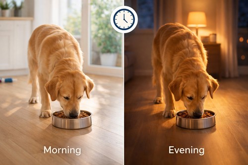 Golden retriever eating dog food from a bowl in the morning and evening, illustrating a consistent daily feeding schedule for dogs.