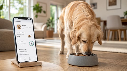 A happy dog eating from a food bowl at home while the FAMMO AI-powered pet nutrition platform shows personalised recommendations on a nearby smartphone screen