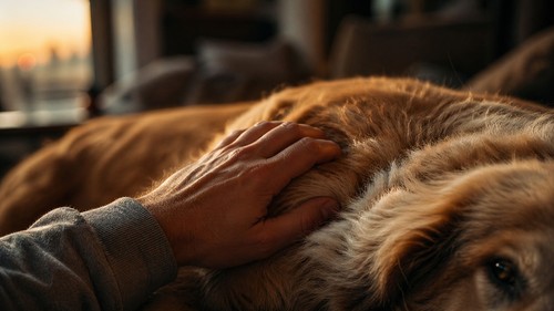A pet owner noticing weight loss while petting their dog at home
