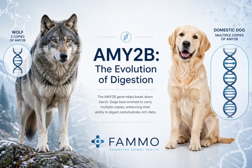 Infographic showing the genetic difference in starch digestion between wolves and domestic dogs highlighting the AMY2B gene.