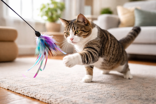 Indoor cat exercising with a wand toy