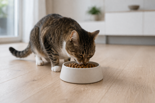 Cat eating dry cat food kibble from a bowl on a wooden floor