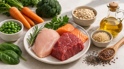 Raw dog food ingredients including chicken, beef, salmon, vegetables, oats, and oil arranged on a table for balanced dog nutrition.