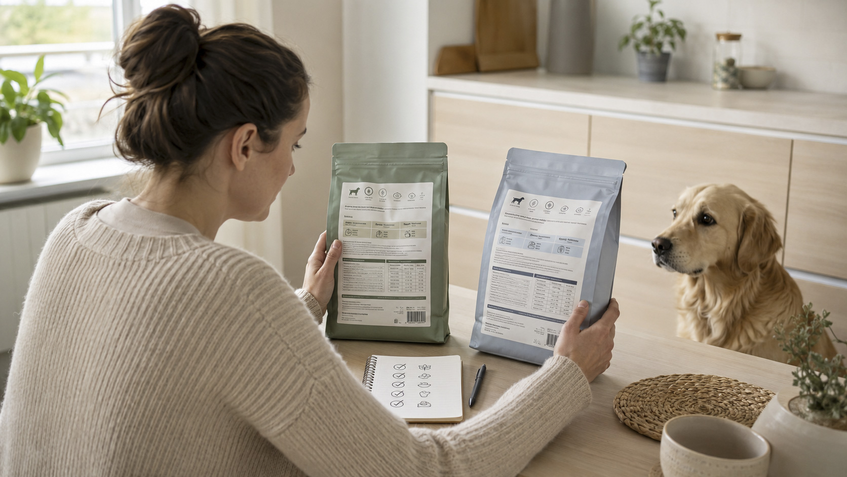 Pet owner using a checklist to compare the labels of two European pet food products