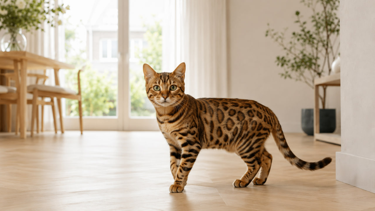 Bengal cat in a bright modern home setting
