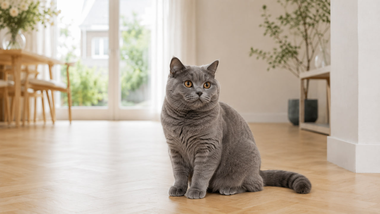 British Shorthair cat in a bright modern home interior