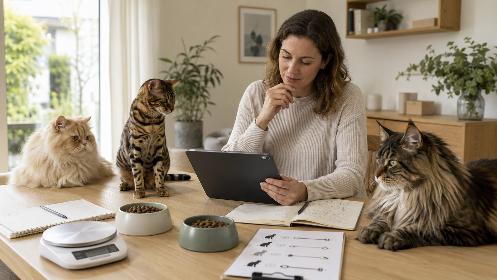 Persian, Bengal and Maine Coon cats beside feeding bowls while an owner reviews their age, weight and activity