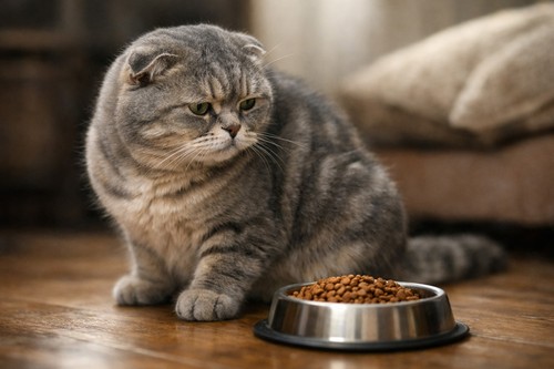 Cat sitting near a dry food bowl showing signs of vomiting after eating