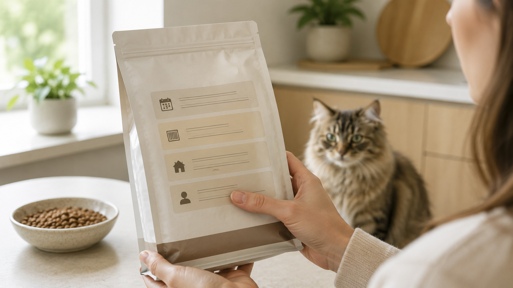 Pet owner checking the best-before date, batch number, storage instructions and company details on a pet food package