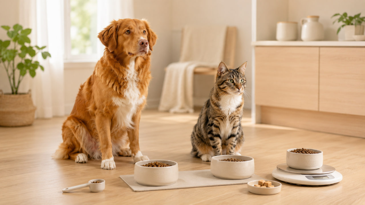 Healthy dog and cat beside measured food portions, treats and a kitchen scale in a bright home