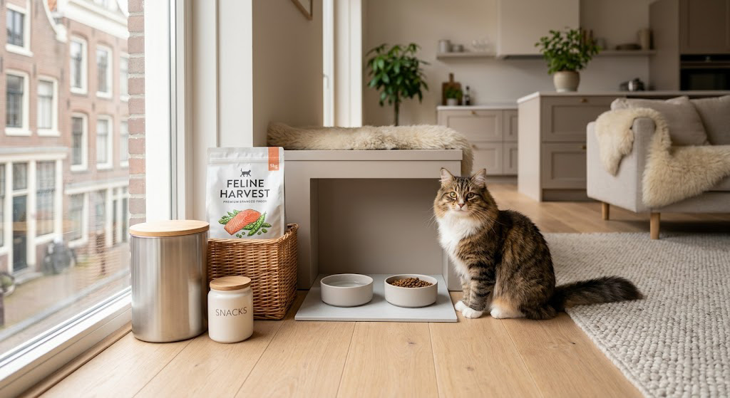 A happy and healthy indoor cat sitting contentedly next to its premium food setup in a bright, modern European home.