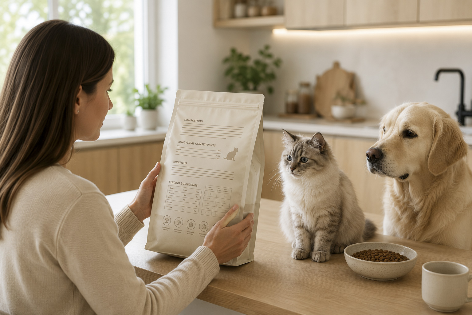 Pet owner reading the composition, analytical constituents and feeding instructions on a European pet food label