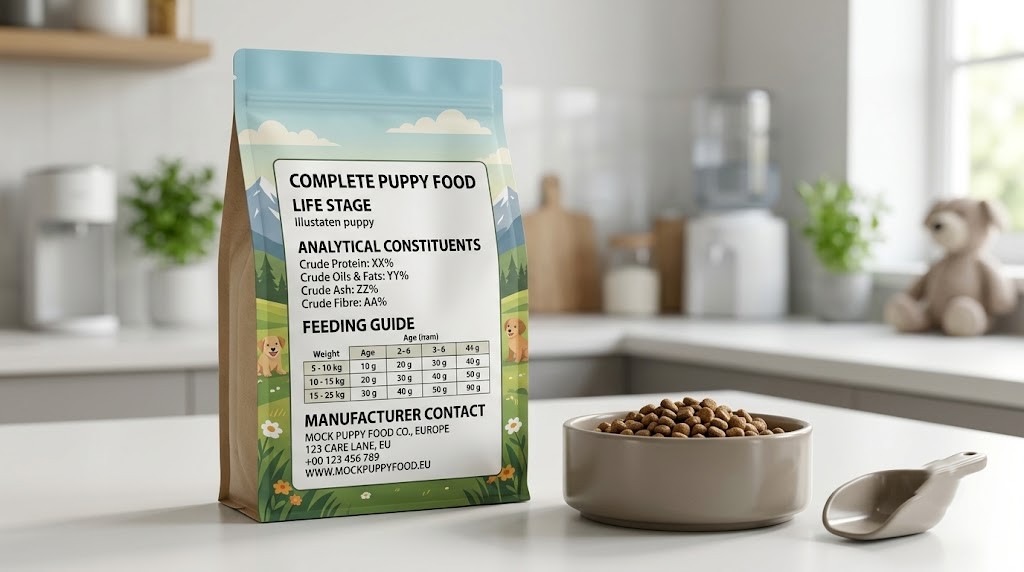 European puppy food label showing complete food, life stage and feeding instructions