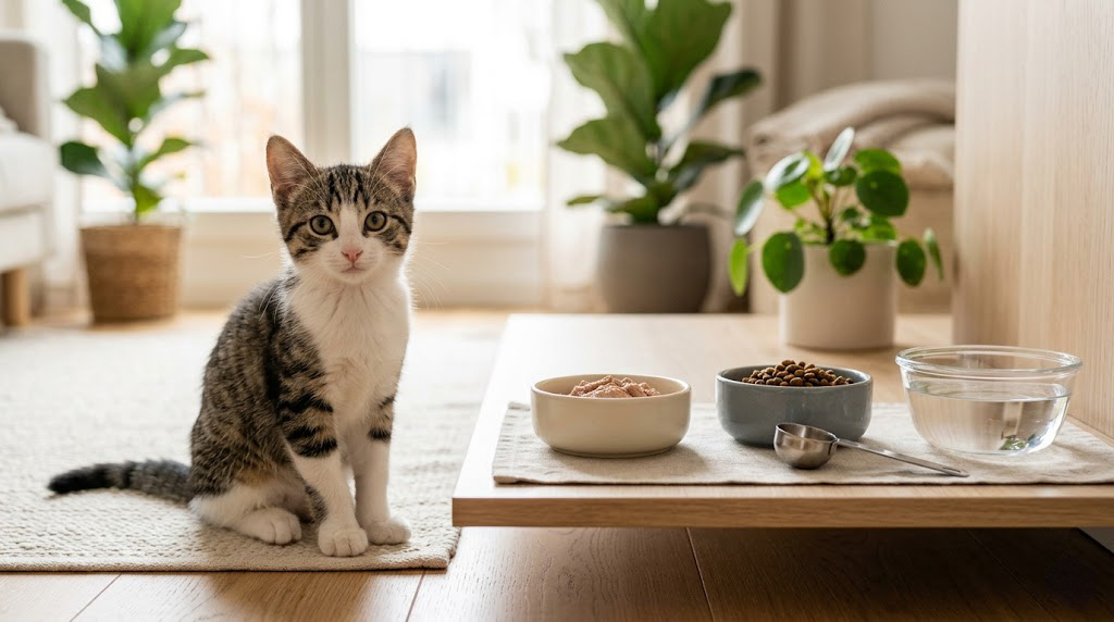 Healthy kitten beside wet and dry food bowls in a modern home, illustrating a kitten feeding chart by age.