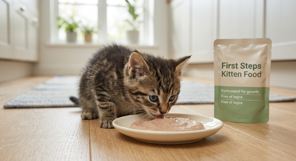 Young kitten eating soft complete kitten food from a shallow dish during the early weaning stage