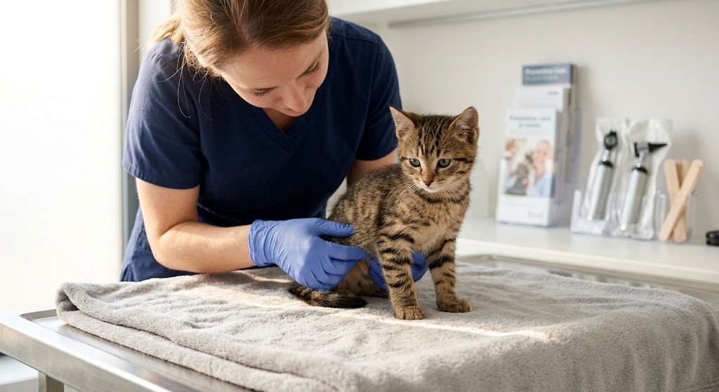 Young kitten receiving a gentle veterinary check after showing warning signs during weaning