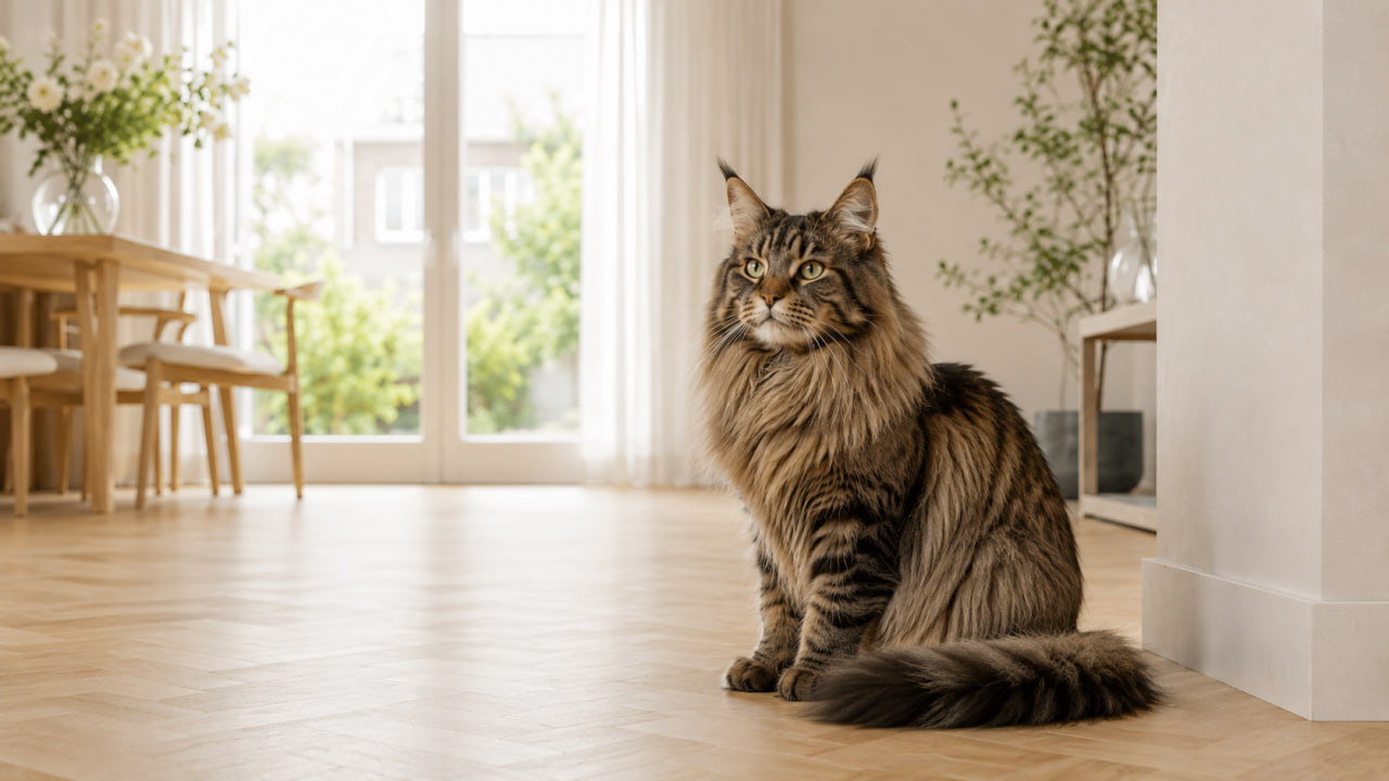 Maine Coon cat in a bright indoor home interior