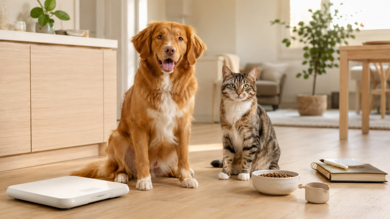 Healthy dog and cat beside a pet scale, measured food bowl and notebook in a bright home
