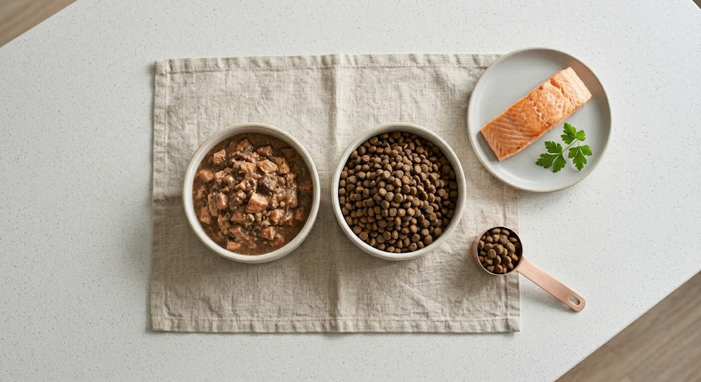A top-down view of premium wet and dry cat food in elegant ceramic bowls, representing the variety of high-quality nutritional choices for cats.