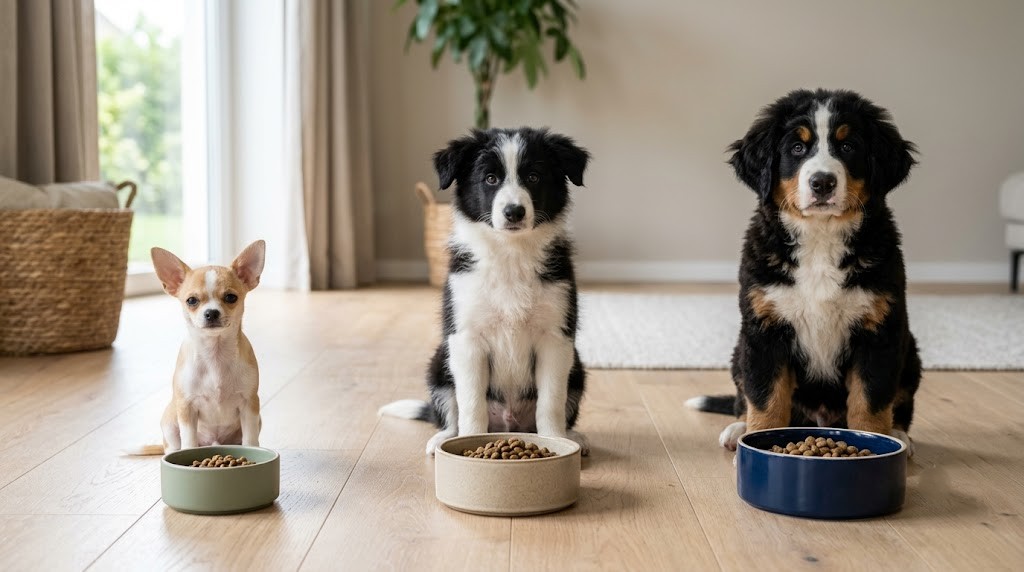 Small, medium and large breed puppies illustrating different puppy food needs
