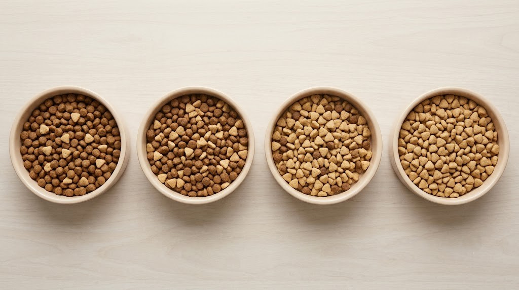 Gradual puppy food transition shown with old and new food portions