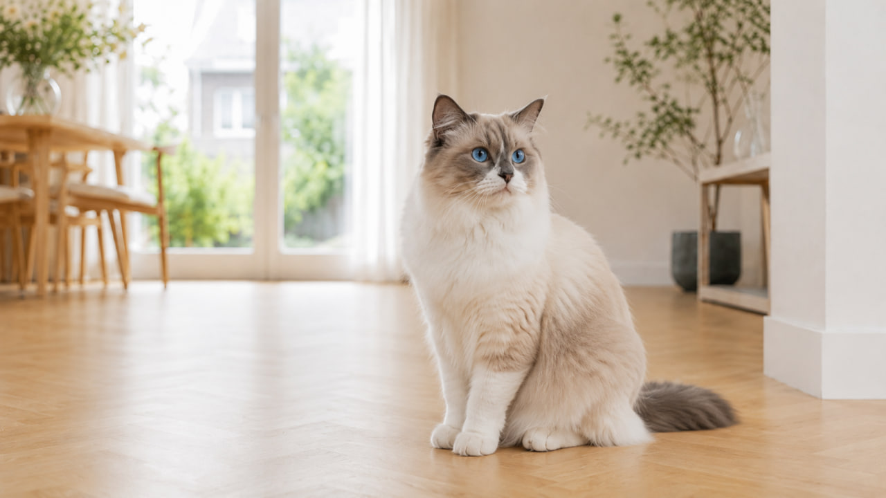 Ragdoll cat resting in a bright modern home interior