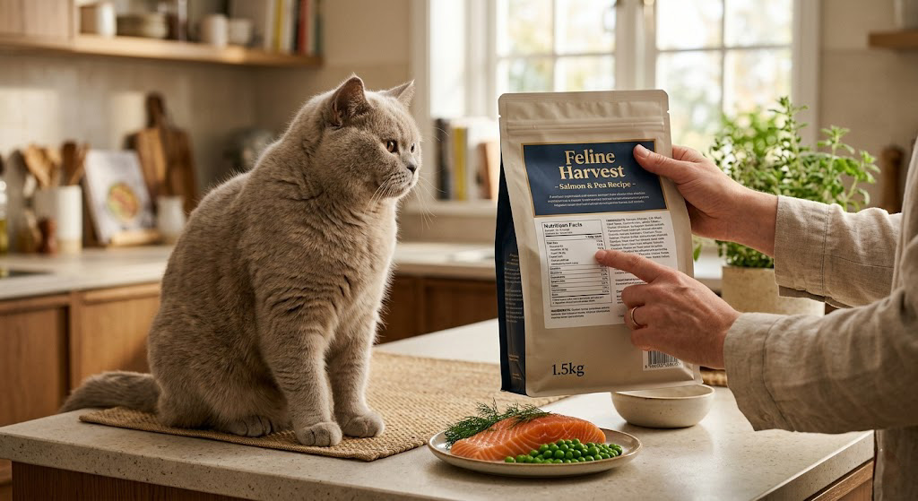 A cat owner carefully reading the ingredient label on a bag of premium cat food to check for quality animal proteins, with a healthy cat sitting nearby.