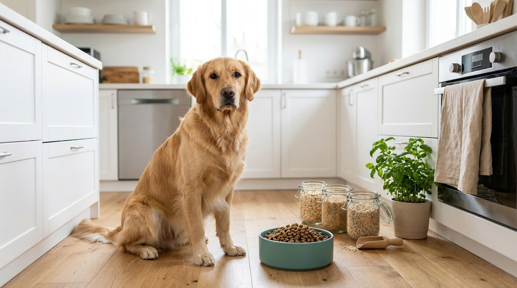 Healthy dog beside a bowl of regular grain-inclusive dog food with grains like rice, oats, and barley shown visually