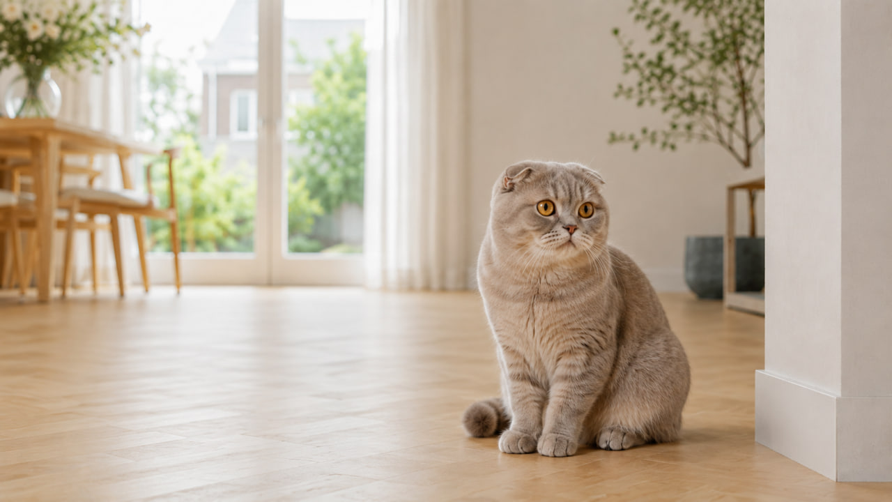 Scottish Fold cat resting in a bright modern home interior