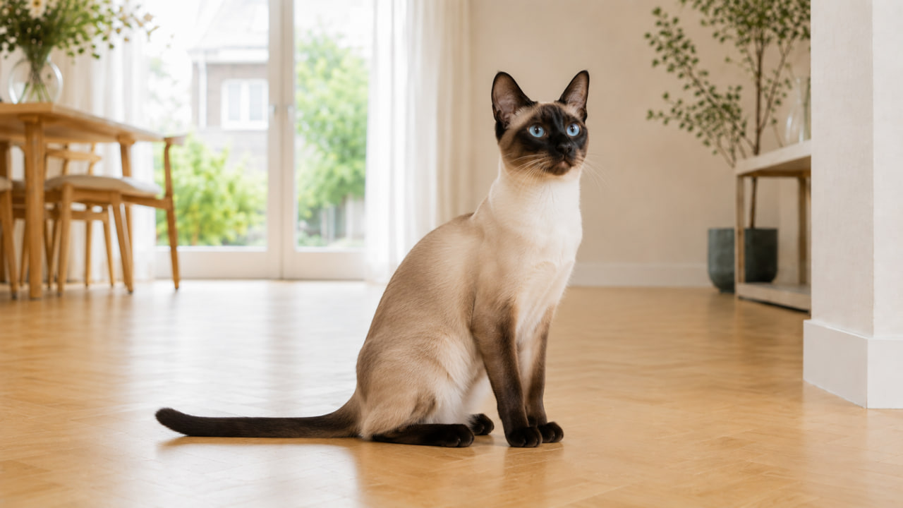 Siamese cat standing in a bright modern home interior