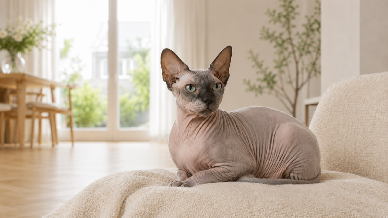 Sphynx cat resting in a warm modern home interior