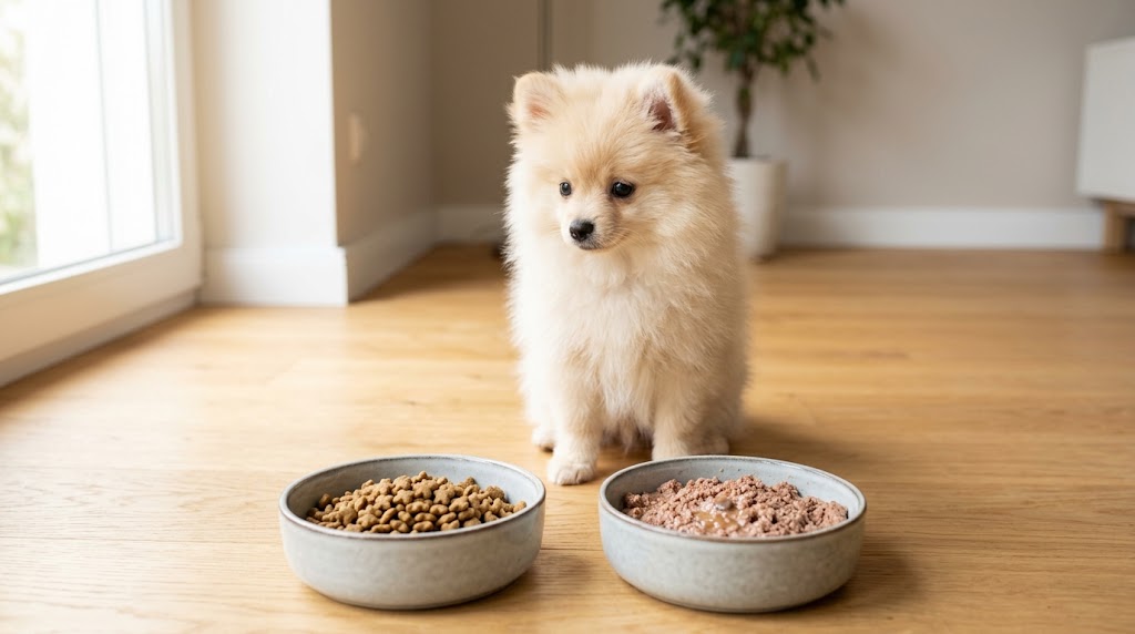 Dry kibble and wet puppy food compared in two measured bowls