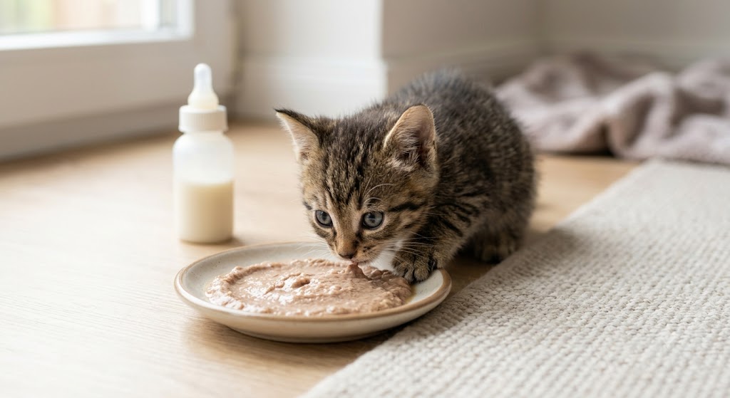 Young kitten beginning weaning by eating soft food from a shallow dish beside kitten milk replacer in a calm home setting