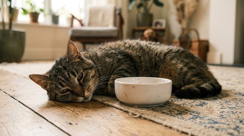 Cat beside different cat food options during a cost and quality comparison