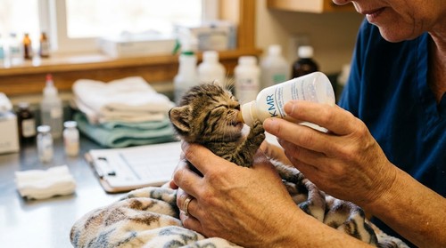 newborn kitten being bottle fed milk replacer 