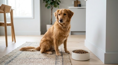 A dog sitting calmly next to a food bowl at a scheduled feeding time in a modern home