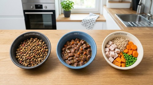 Dry vs wet vs homemade pet food comparison showing kibble, canned food, and fresh ingredients for balanced pet nutrition