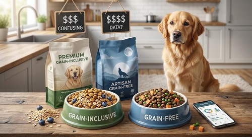 Pet owner reading a grain-free dog food label with ingredient checklist and nutrition data.