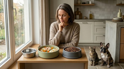 Pet owner comparing homemade pet food and commercial kibble while choosing the healthiest diet for a cat and dog at home