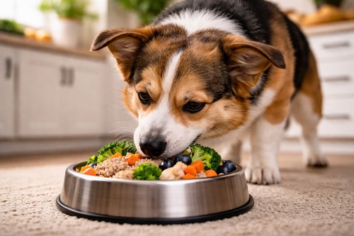 Dog eating a balanced meal after returning to its food bowl