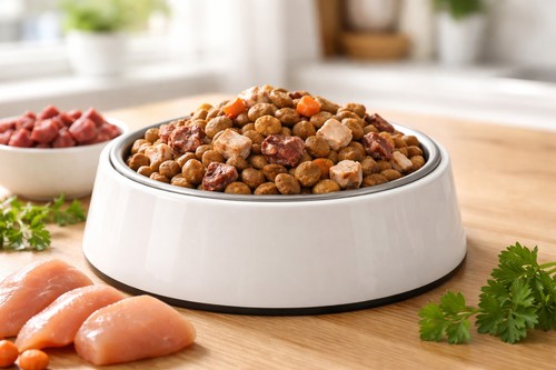 Nutrient-dense dog food for small dogs featuring small kibble, real meat chunks, and fresh animal protein on a wooden table.