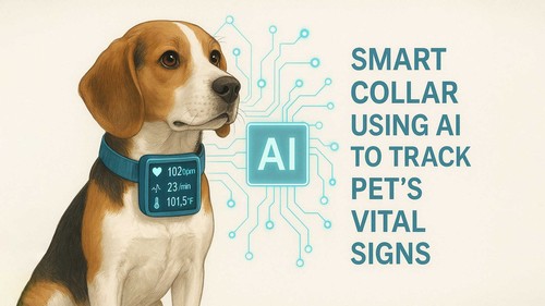A dog wearing a smart collar with AI technology to track pet vital signs like heart rate and body temperature.