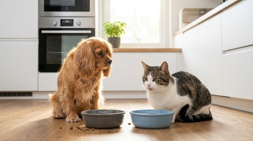 Dog and cat comparing food bowls in a kitchen, representing homemade vs commercial pet food decision