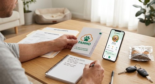 Pet owner preparing nutrition and health information before a vet appointment