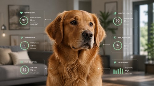 Healthy dog with subtle AI data signals representing optimized nutrition