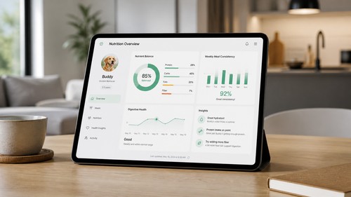 Tablet showing AI-powered pet nutrition insights and feeding recommendations