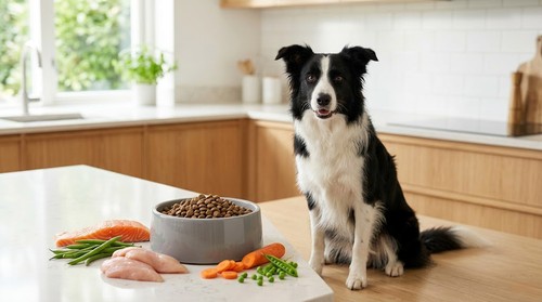 Active Border Collie beside high-protein dog food bowl — best premium dog food Europe 2026 FAMMO
