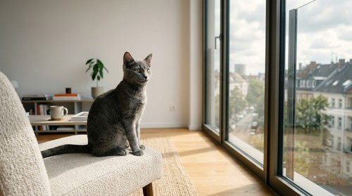 adolescent kitten sitting healthy in modern home  