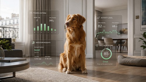 Dog with floating data overlays representing personalized nutrition and health signals