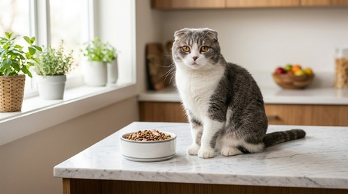 Scottish Fold cat beside a bowl while comparing cat food quality and value